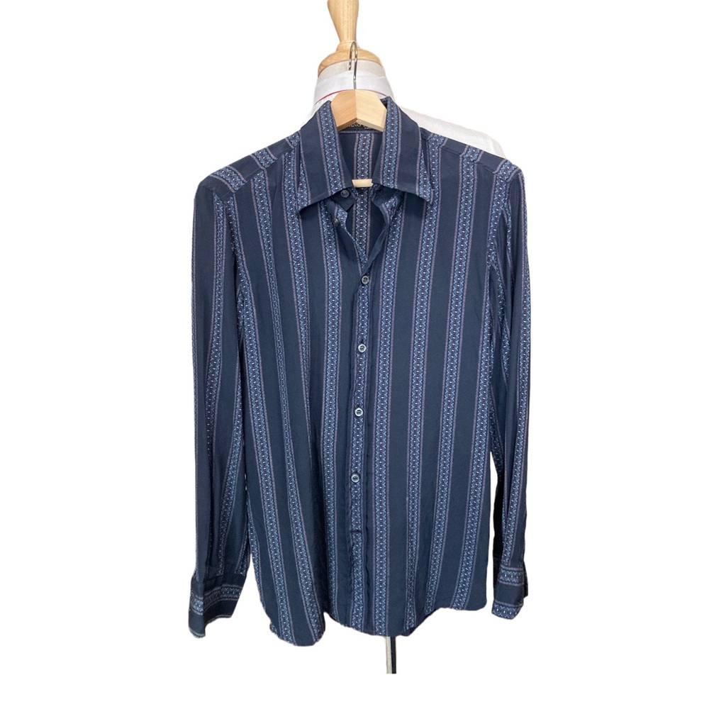 RARE Vintage Stefano Ricci Silk Sport Shirt 39 Dress Ocean Navy Blue Striped